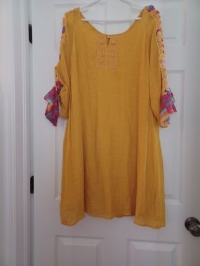Indigo Rose Womens Size 1X Yellow Lined Colorful Lace Tie Sleeves Women’s Dress